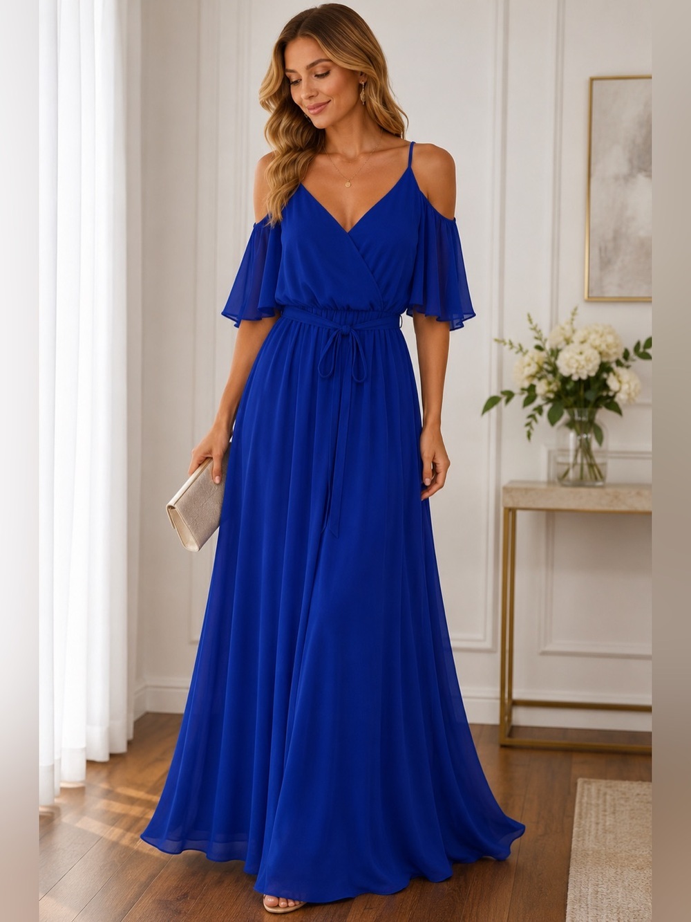 Premier Amour Royal Blue Cold Shoulder Maxi Dress Size 6 Chiffon Formal Wedding